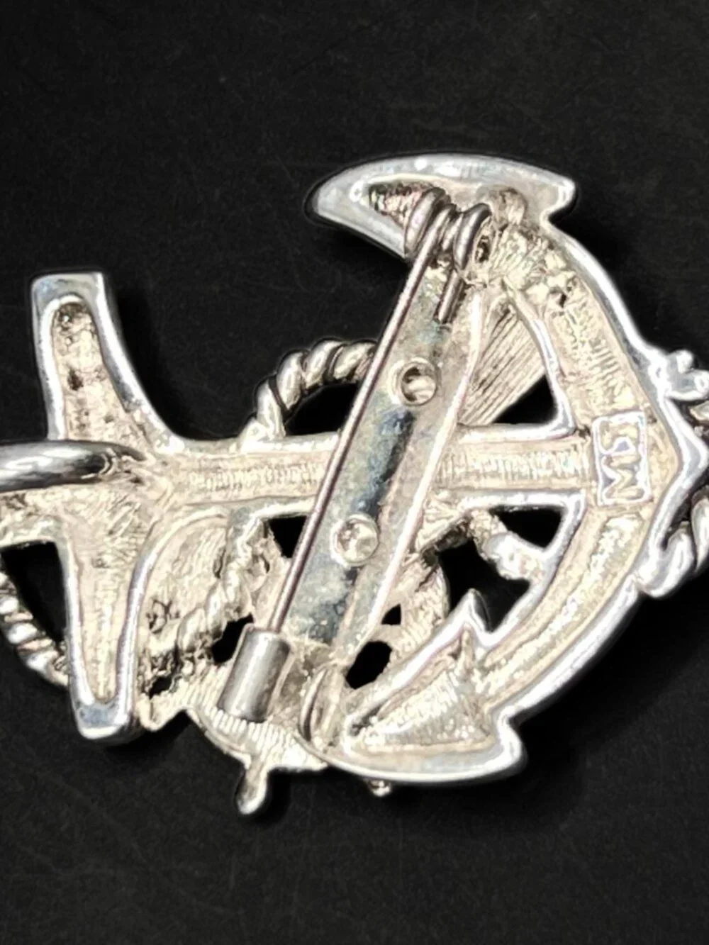Vintage Nautical Anchor Brooch or Pendant Silver-Toned Metal Signed MJ